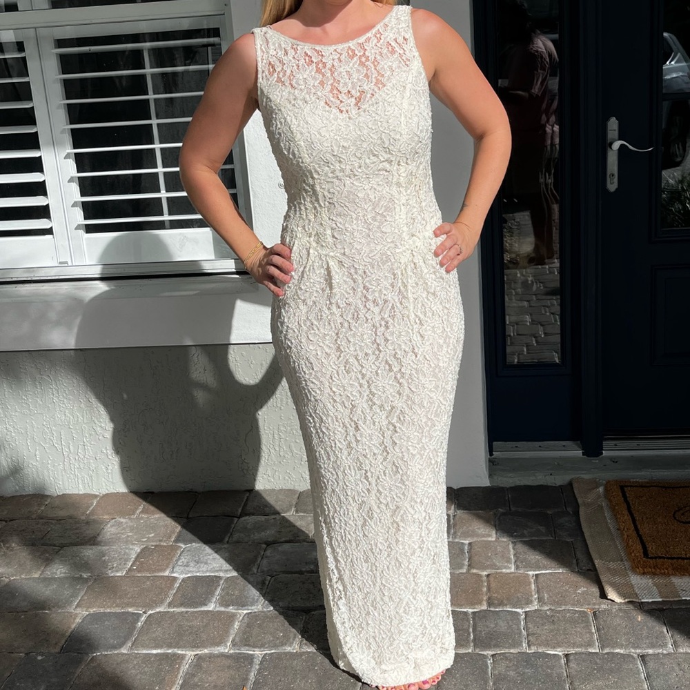 Vintage Ivory Beaded Lace Wedding Dress Bridal Gown Size 4 - Picture 4 of 15